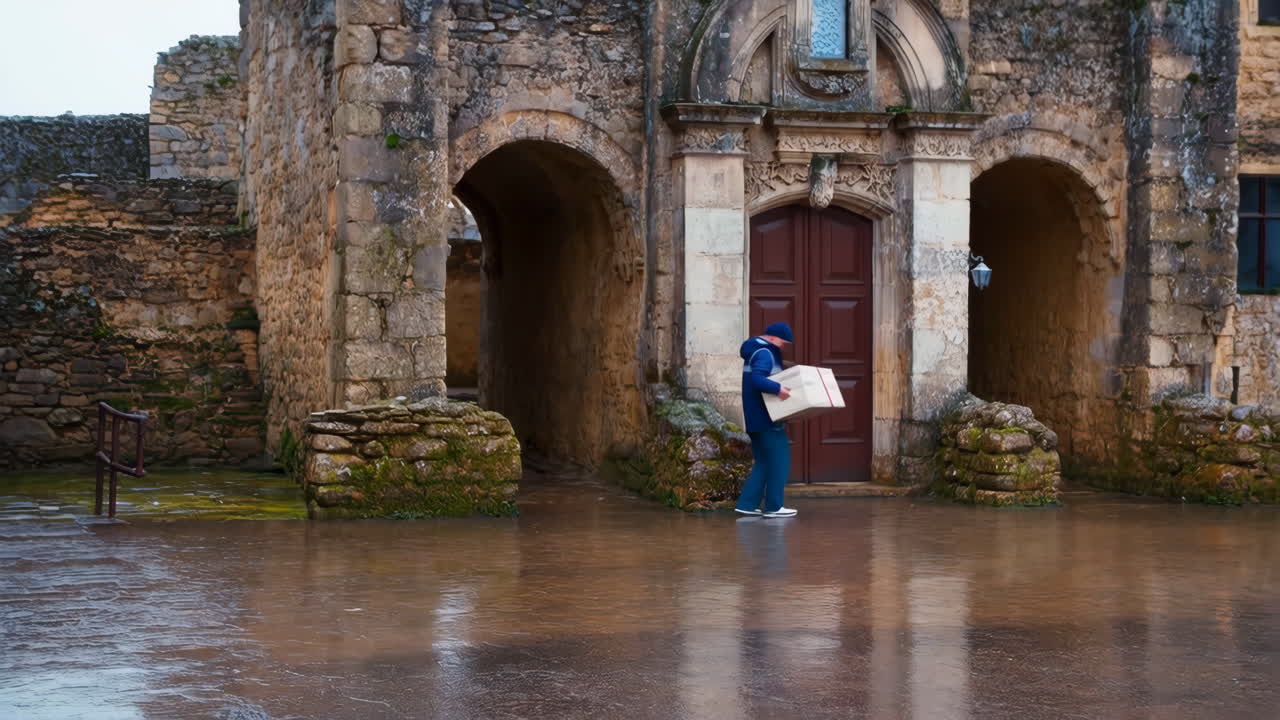 Person carrying a package in front of an old stone building on a wet day