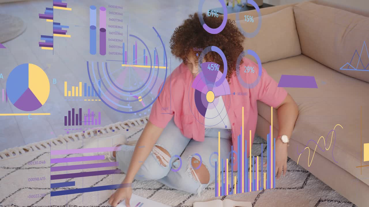 Woman starting typing on laptop, sorting charts amid floating graphs while analyzing business data