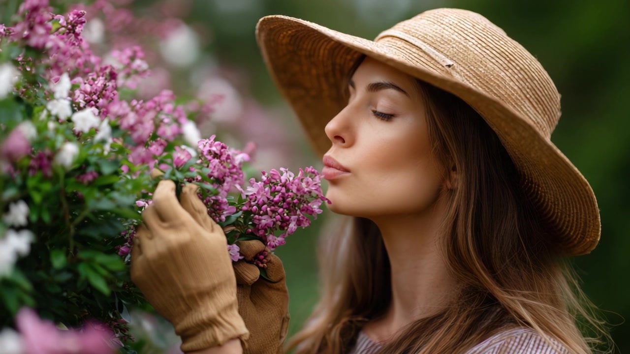 Una donna con un cappello di paglia esamina delicatamente e si gode la fragranza dei fiori in fiore, abbracciando la bellezza e la tranquillità della natura in un sereno ambiente da giardino