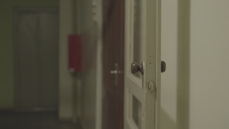 ajar vintage door in a dimly lit hallway creating a mysterious and suspenseful atmosphere