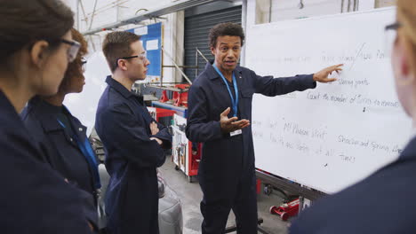 male tutor by whiteboard with students teaching auto mechanic apprenticeship at college