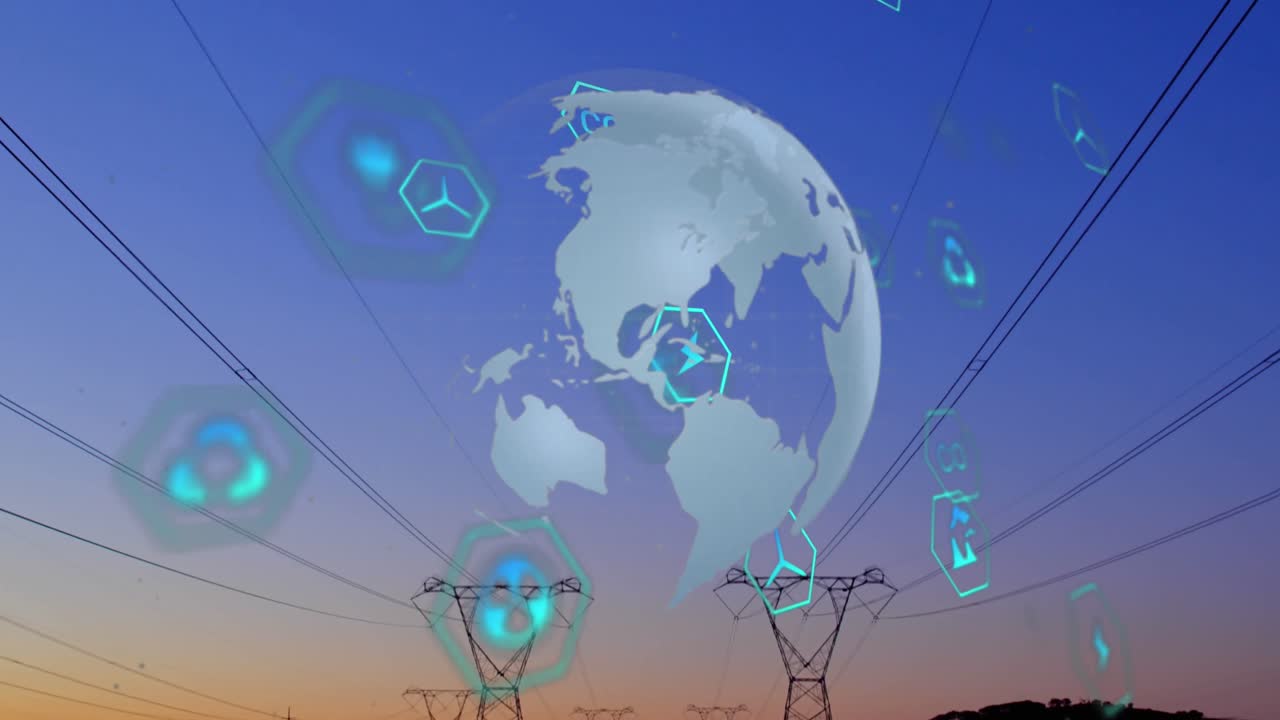 Animation of multiple digital icons over spinning globe against network towers and sunset sky