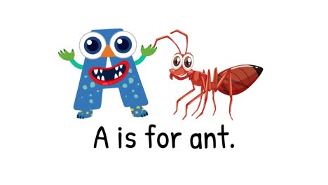 Playful animation of letter A interacting with a cartoon ant, featuring vibrant colors and engaging character design