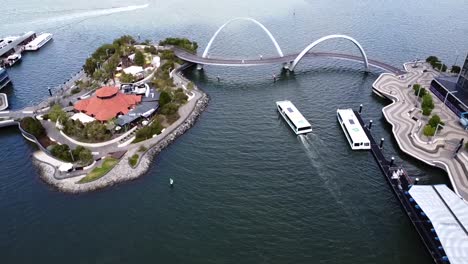 Aerial-view-Elizabeth-Quay-Bridge,-Swan-River-and-The-Island-in-Perth-CBD