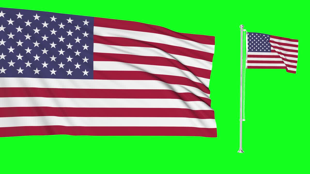 pantalla verde hiper realista de los estados unidos de américa dos banderas ondeando en el viento estado unido de américa mástil de la bandera revoloteando con animación de textura de tela muy detallada 4k 3d clave de croma
