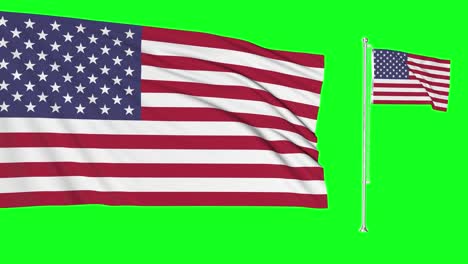 green screen hiper realistic of united states usa two flags waving in the wind american us flagpole fluttering with highly detailed fabric texture animation 4k 3d chroma key