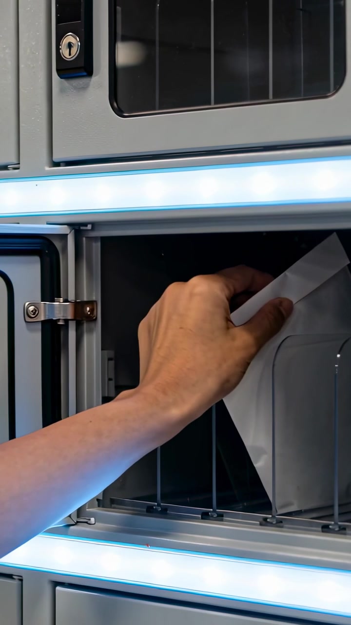 Vertical video: Opening locker, adult bare forearm inserting white envelope to deposit in slot