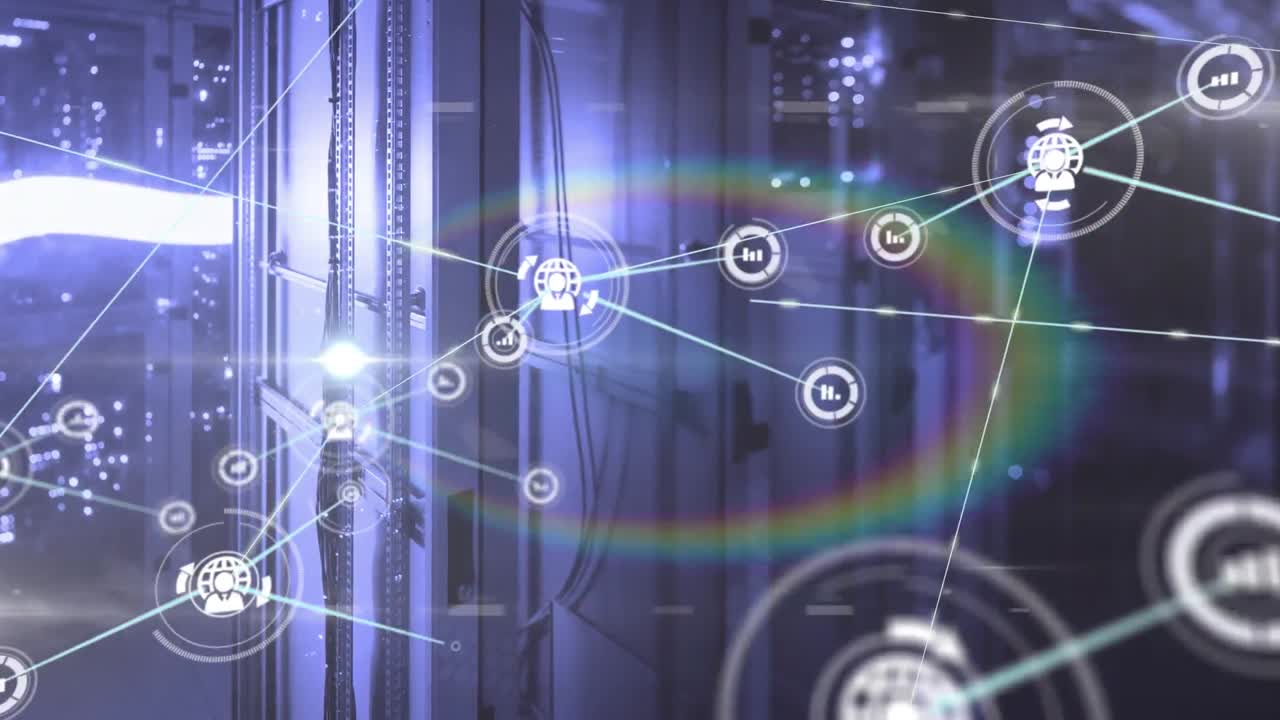 Animation of connected profile icons over illuminated server room