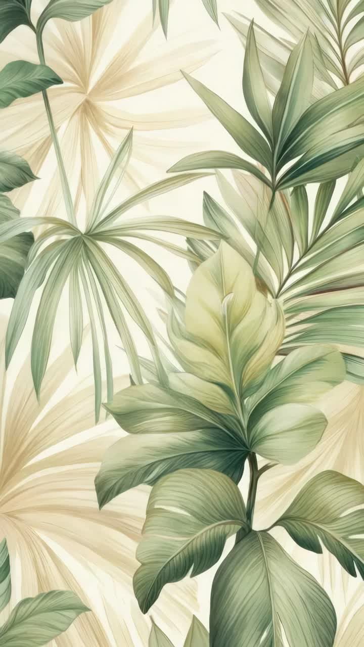 Top-down view of lush tropical leaves in soft greens and creams, creating a serene, natural backdrop