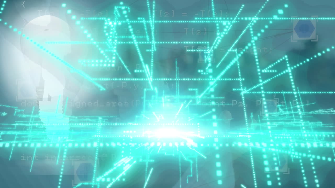 다양한 데이터로 디지털 공간에서 초록색 불과 선의 애니메이션