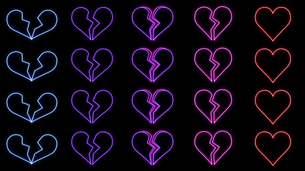 secuencia de rompimiento de columnas de corazón de neón con bucle