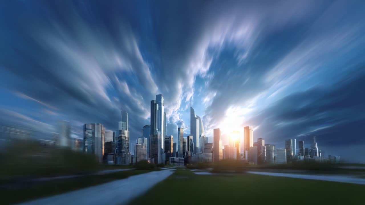 Transformative Moments in Urban Landscapes: A Dynamic City Skyline at Dawn, Capturing the Essence of Nature and Architecture Amidst Dramatic Cloud Patterns