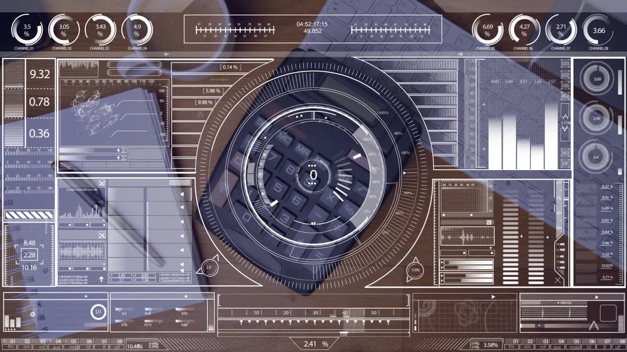 Animating of interface with data processing against calculator falling on wooden office table