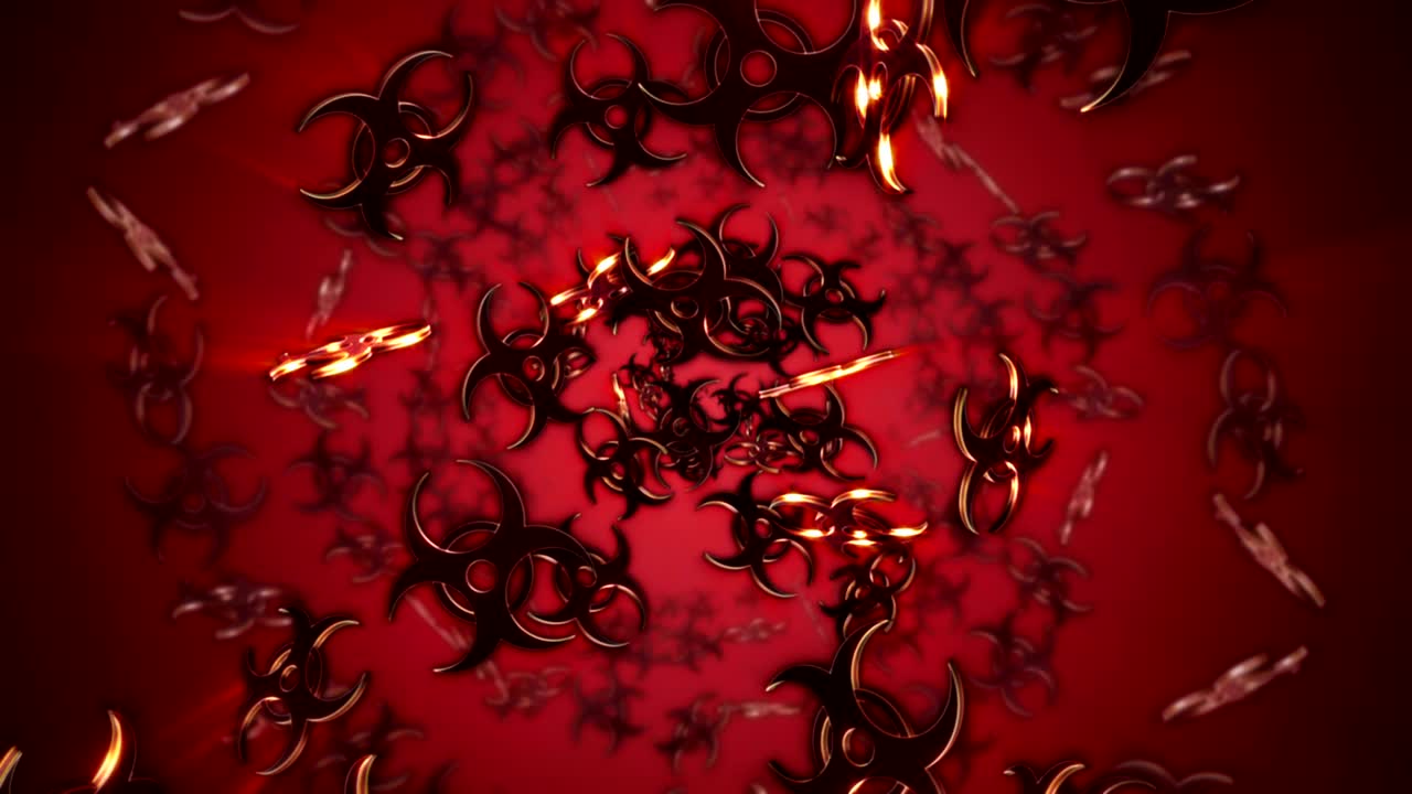 생물학적 위험, 방사선 위험, 위험 기호, 애니메이션, 렌더링, 배경, 루프