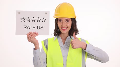 woman in hard hat and safety vest holding 'rate us' sign and giving thumbs up