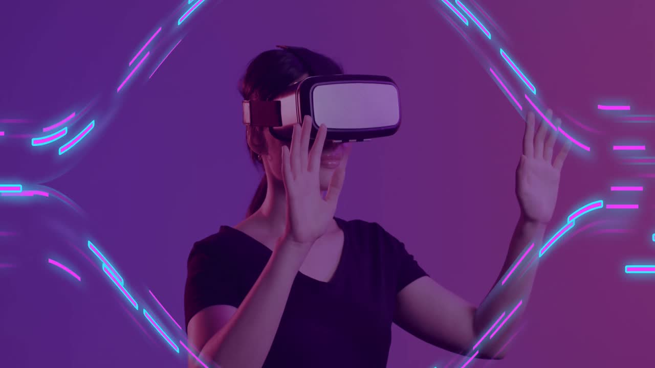Animation of glowing 3d shapes over asian woman using vr headset