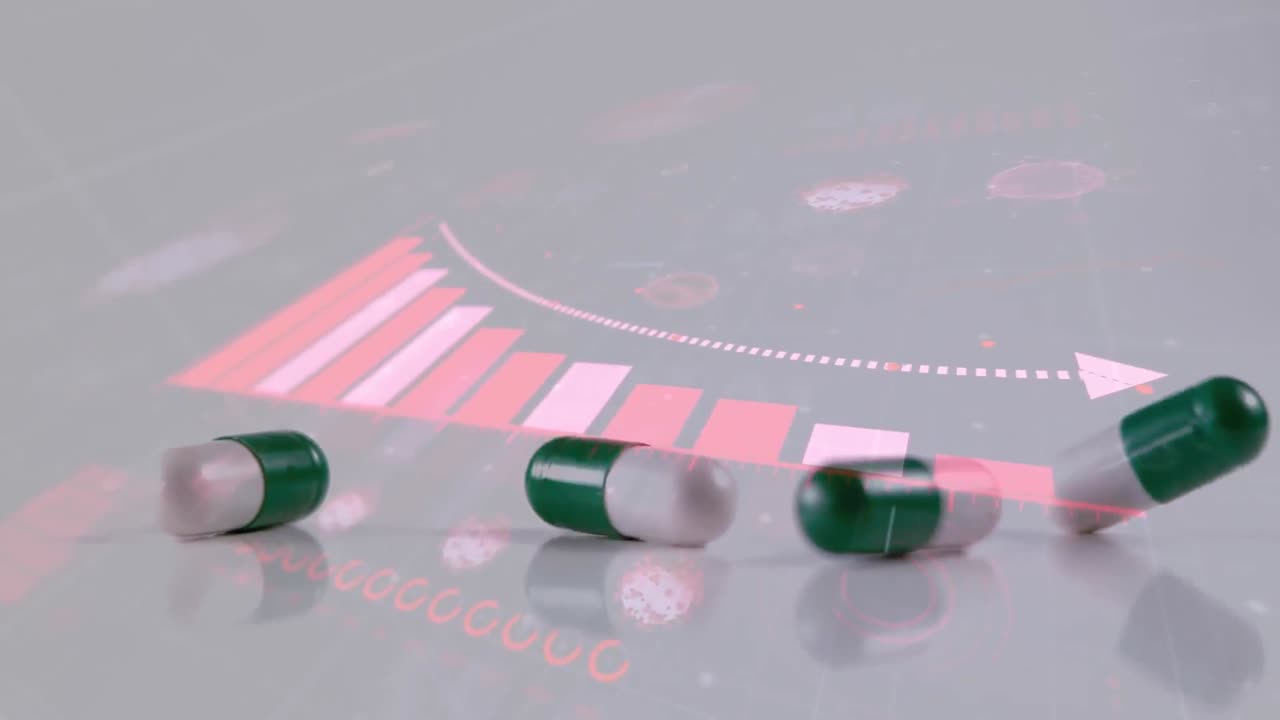 백색 표면에 떨어지는 알약에 대한 코로나바이러스 디지털 인터페이스