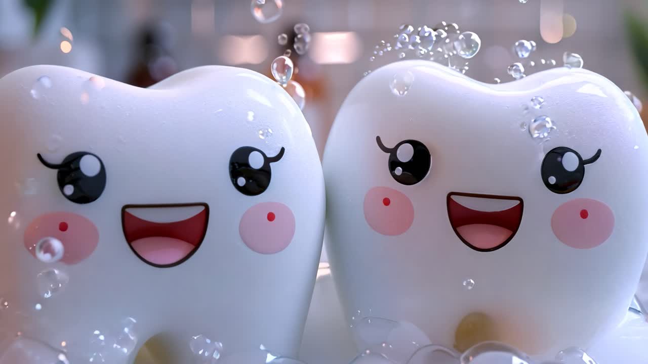 Two cartoon teeth are in a bathtub with bubbles. The teeth are smiling and appear to be having fun