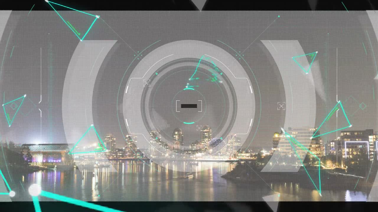 도시 풍경 배경 위의 범위 스캔과 삼각형의 애니메이션