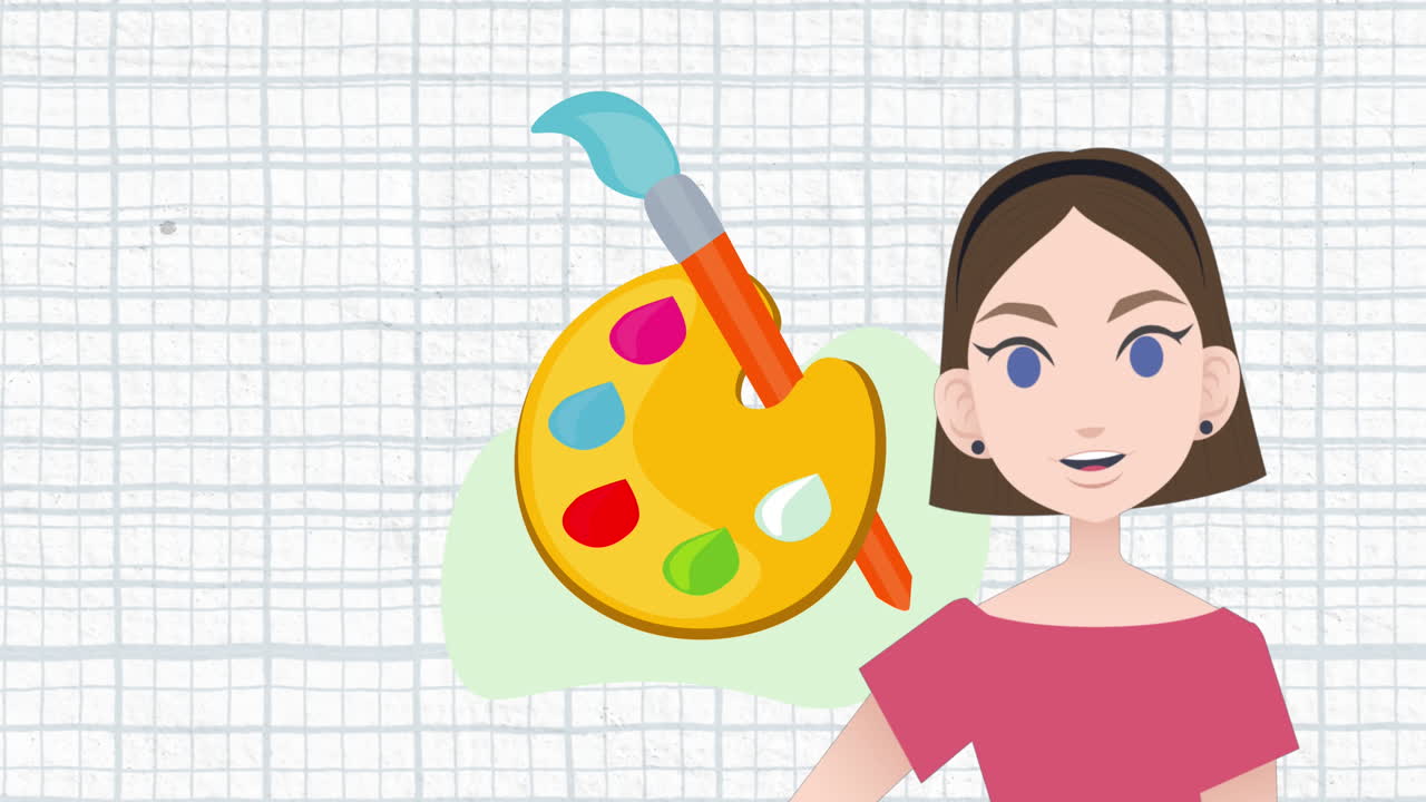 페인팅 팔레트 아이콘을 통해 이야기하는 여성의 애니메이션