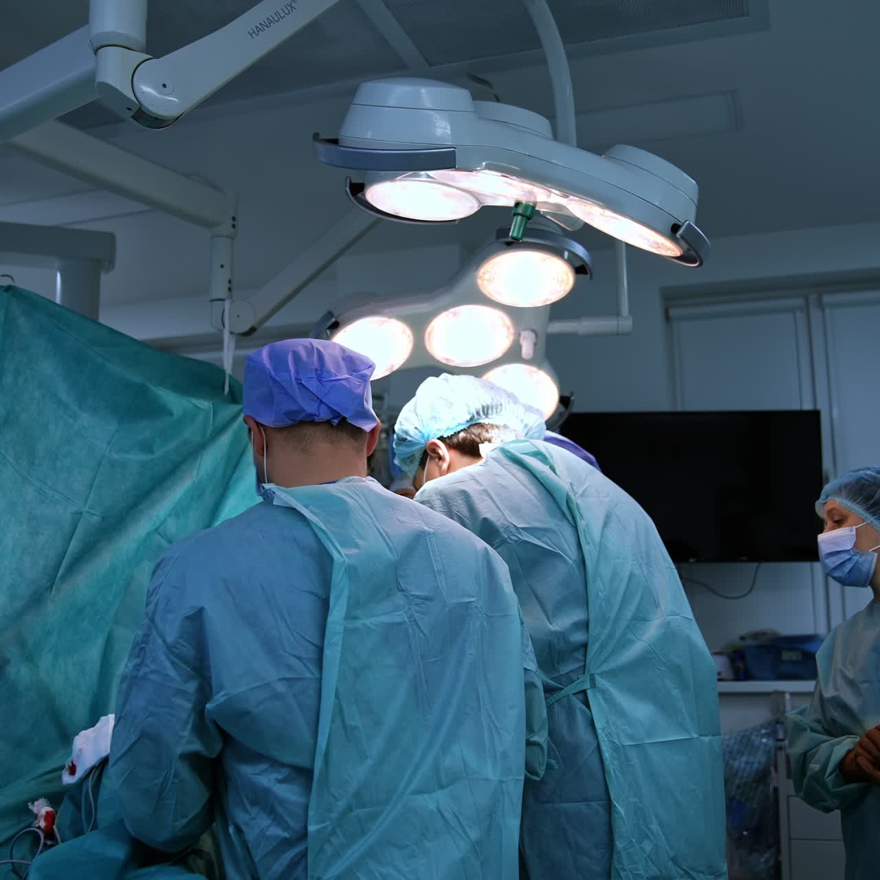 Surgeons standing their backs to camera over the operational table. Female assistant watching the process