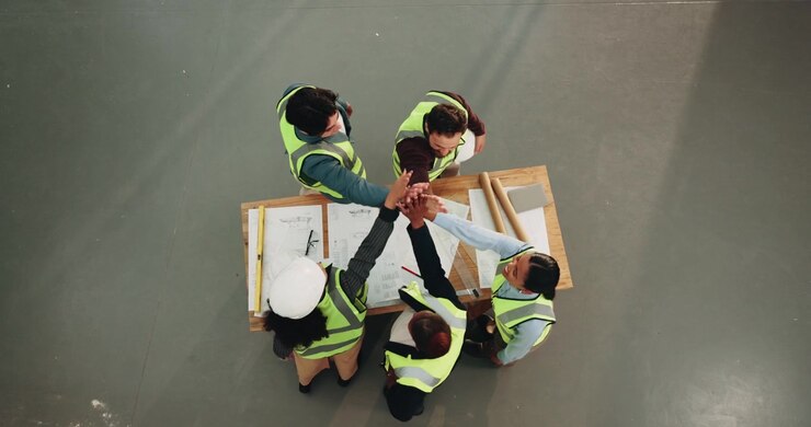 Construction Team Reviewing Blueprints and Collaborating in Warehouse