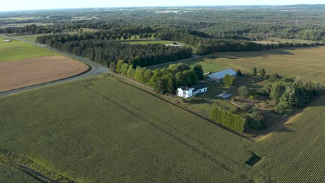 drone flying around a countryside house surrounded by crops