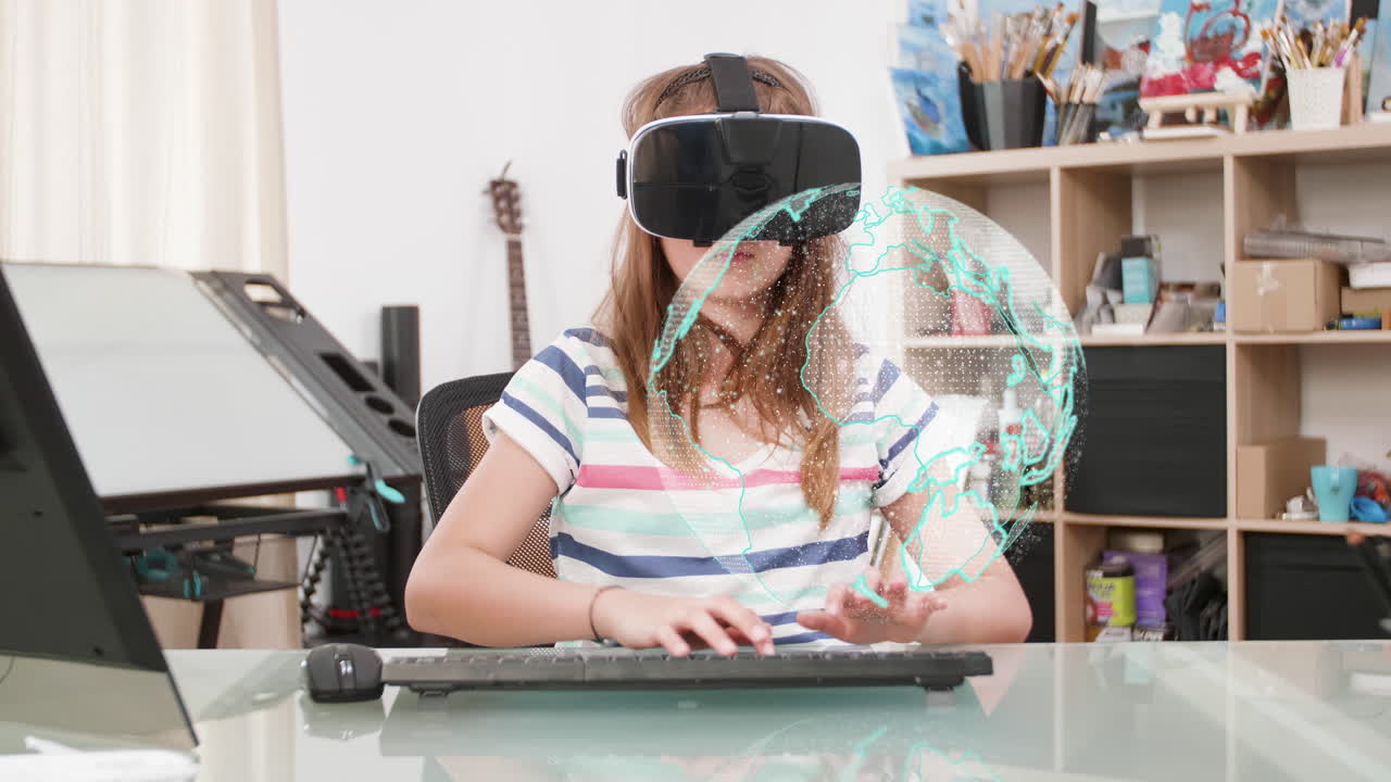 Girl using virtual reality headset at desk