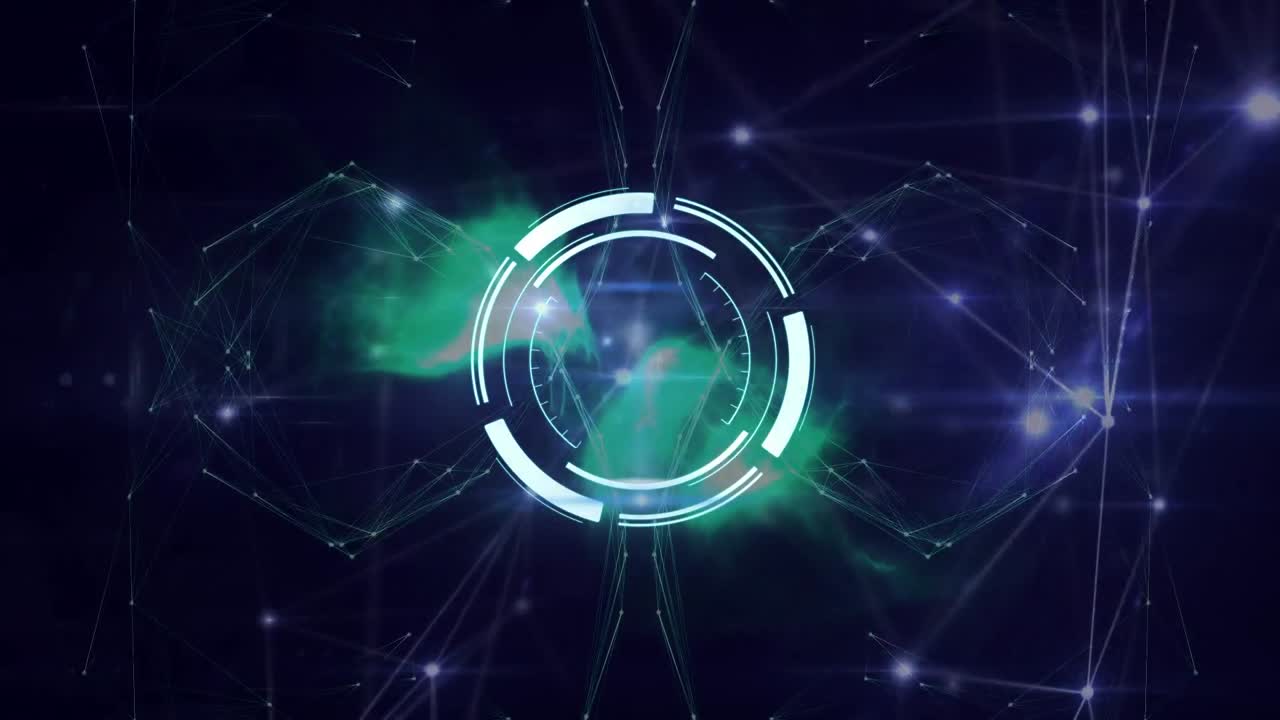 검은색 배경에 대한 둥근 스캐너와 빛나는 연결 네트워크의 애니메이션