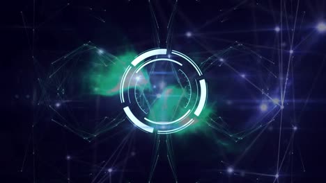 animación de escáneres redondos y red de conexiones brillantes contra un fondo negro