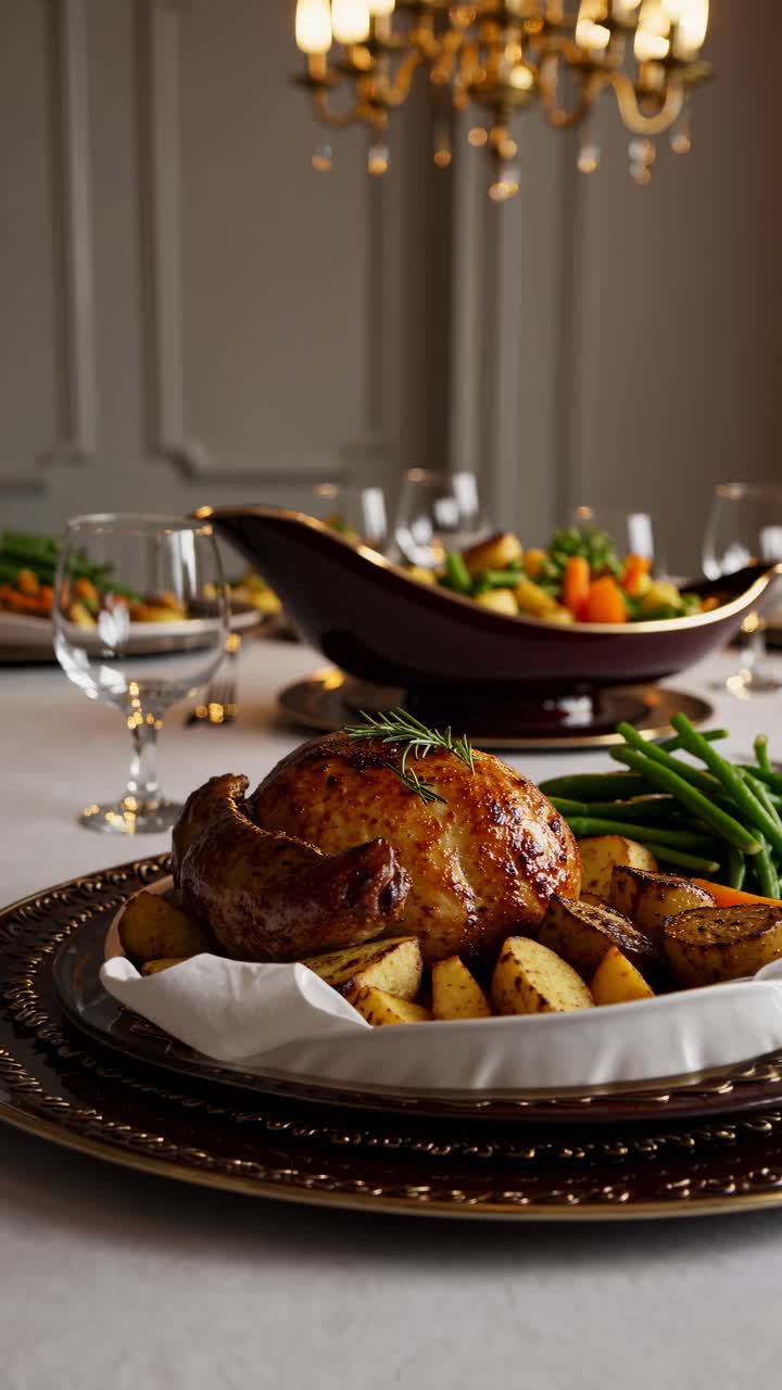 Roasted Chicken Dinner with Potatoes and Green Beans on an Elegant Table