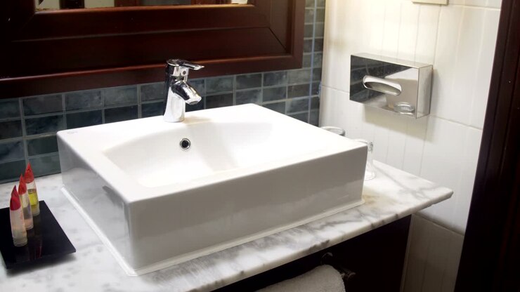 Interior view of a modern bathroom and washbasin