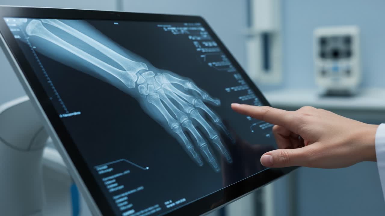 Analyzing a Detailed X-Ray Image of a Hand on a Modern Screen, Highlighting the Skeletal Structure and Diagnostic Elements for Medical Evaluation
