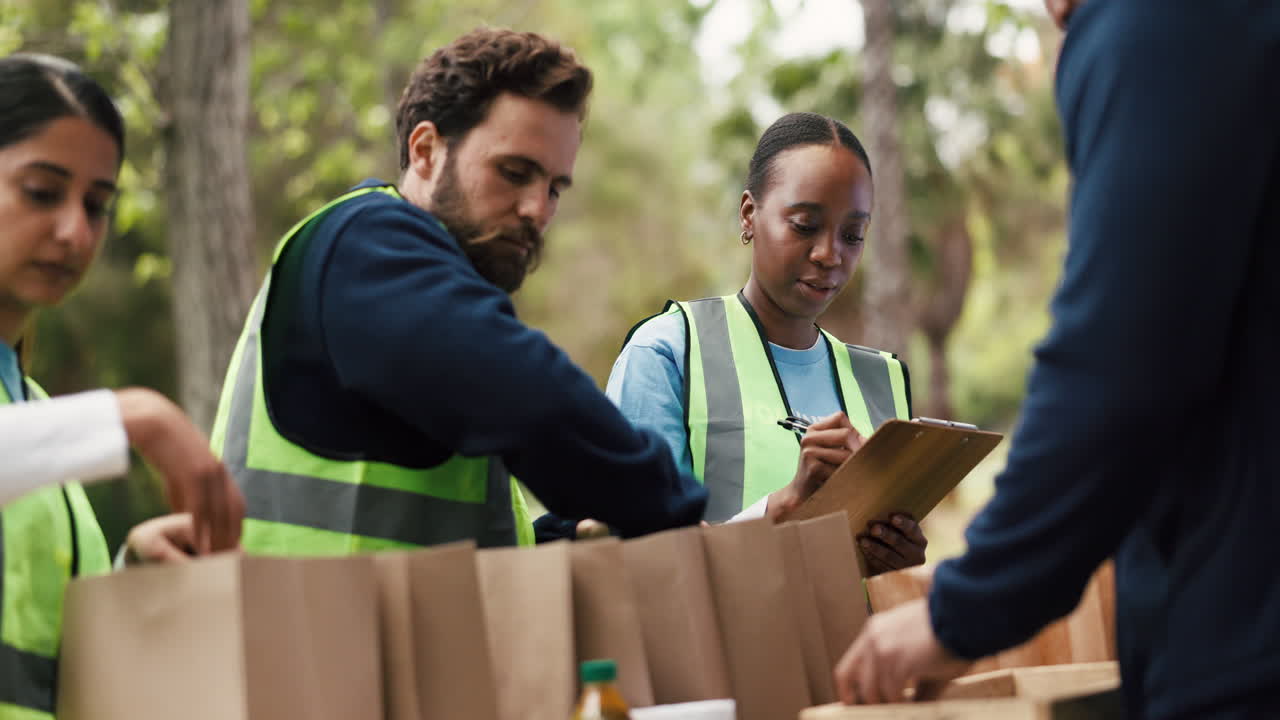 Groupe diversifié de bénévoles triant des dons pour une association caritative communautaire