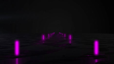 лететь через неоновый туннель, двигаться на модной подиуме, абстрактный фон, фонари, вертикальные огни, взлетно-посадочная полоса, пода, наводнение, виртуальная реальность светящиеся линии. ночь, темная анимация