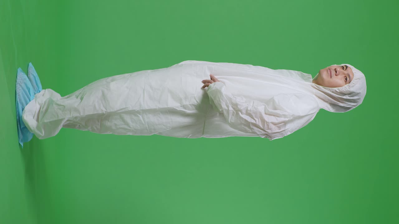 아시아 남성 과학자가 허지에 손을 고 녹색 화면 배경에서 주위를 둘러보는 전체 몸의 측면 시각