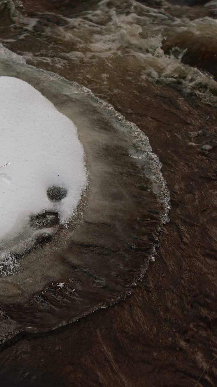 Curve d'acqua aperta attraverso neve e ghiaccio che si sciolgono lungo una costa fangosa, sfondo statico verticale