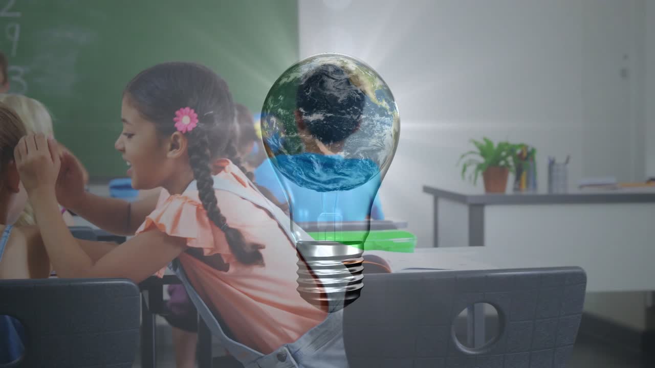 Braided girl turning and leaning, whispering to classmate about lesson, bulb globe overlay glowing