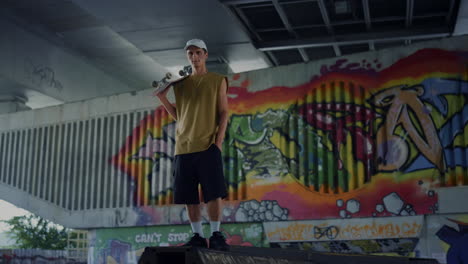 Relaxed-man-having-break-after-skateboarding-at-skatepark-with-graffiti-wall.