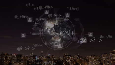 Animation-of-data-processing-and-rotating-globe-with-network-of-connections-over-night-cityscape