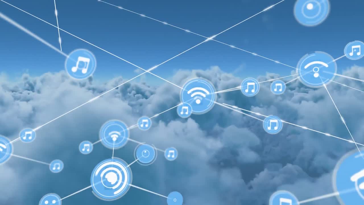 animación de una red de iconos digitales sobre nubes en el cielo azul