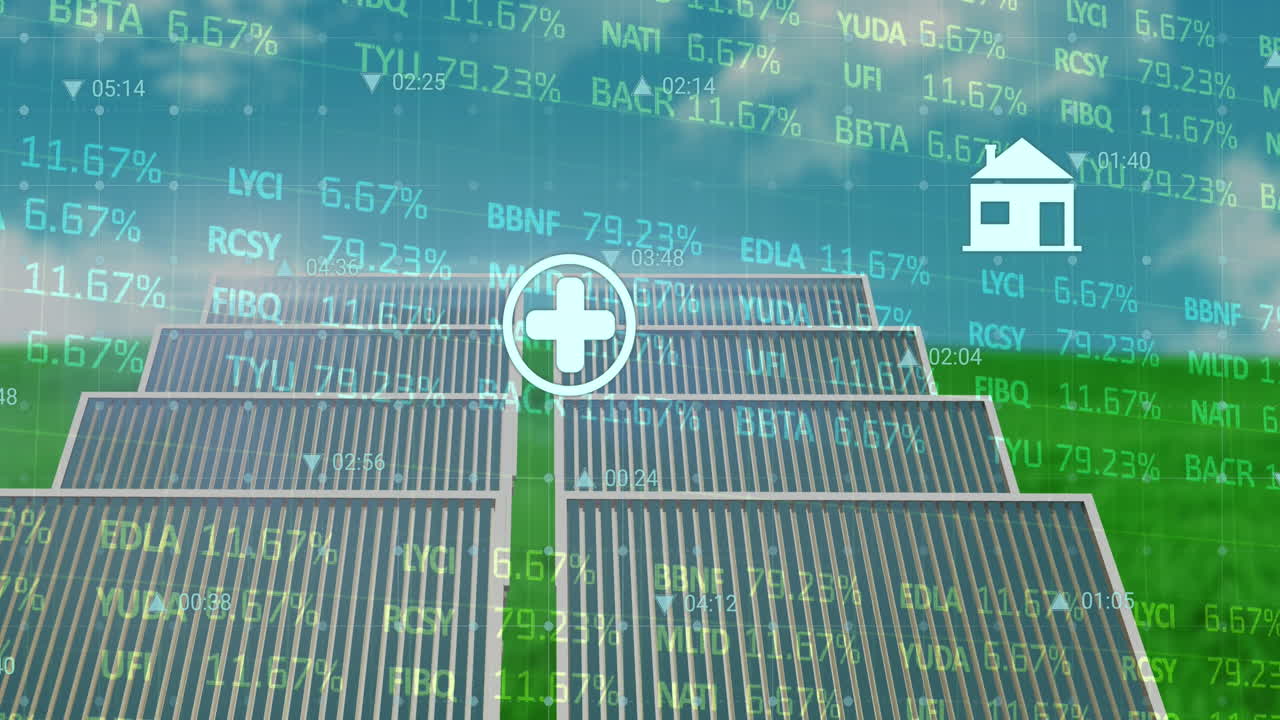 주식 시장 데이터 처리 및 디지털 아이콘의 애니메이션과 풀에 있는 태양 패널