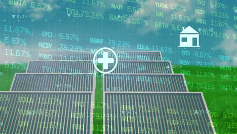 animation of stock market data processing and digital icons against solar panels on grassland