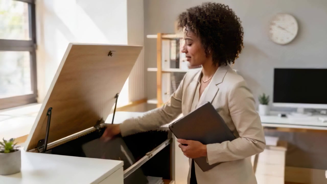Lid lifting, office woman wearing blazer guiding folio into lift-top cabinet at office, for filing