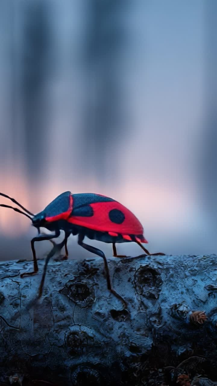 A Striking Close-Up of a Vibrant Red and Black Beetle Resting on a Fallen Log Amid a Dreamy Foggy Background, Showcasing Nature's Intricate Details