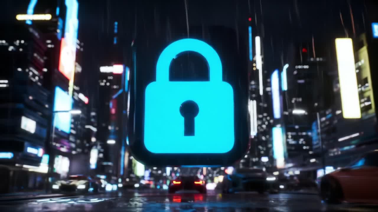 A Glowing Lock Icon Illuminates a Futuristic Cityscape at Night, Highlighting Themes of Security and Protection Amidst Rainy Urban Vibes