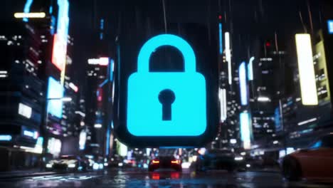 a glowing lock icon illuminates a futuristic cityscape at night, highlighting themes of security and protection amidst rainy urban vibes