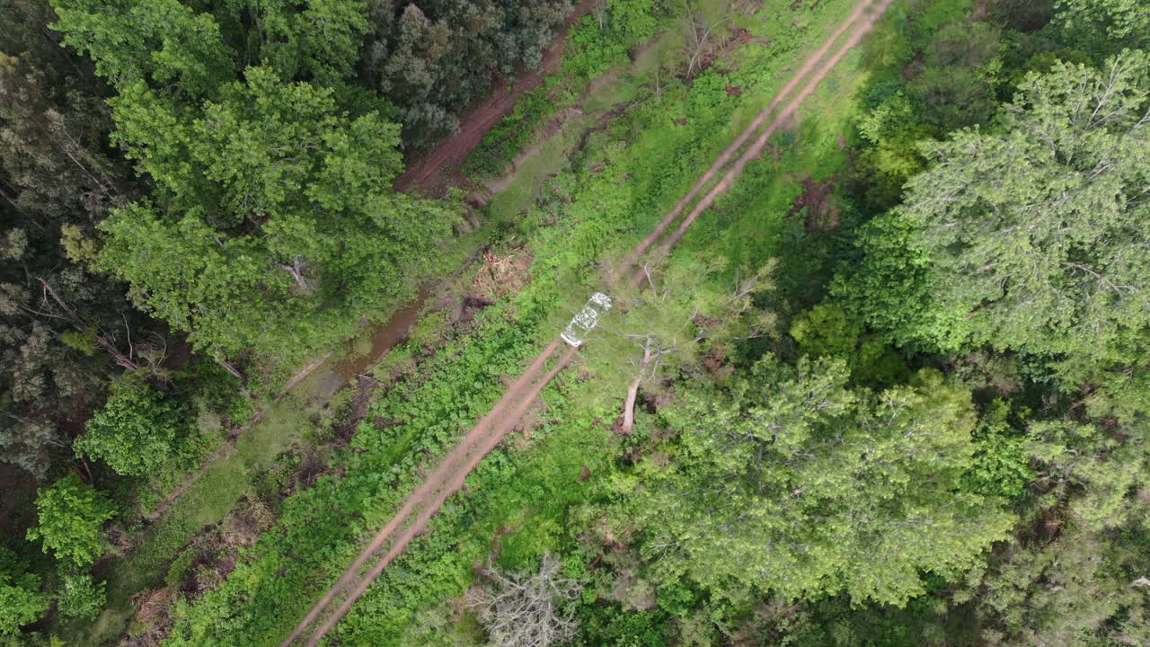 Aerial top-down shot of a white car driving along a dirt road surrounded by dense green trees and vegetation. A remote and peaceful natural setting.