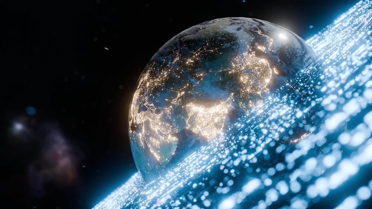 Earth showing illuminated regions of South Asia, East Asia, with blue digital particles in outer space. India, China. 3D rendering with night lights and energy wave. technology global connection
