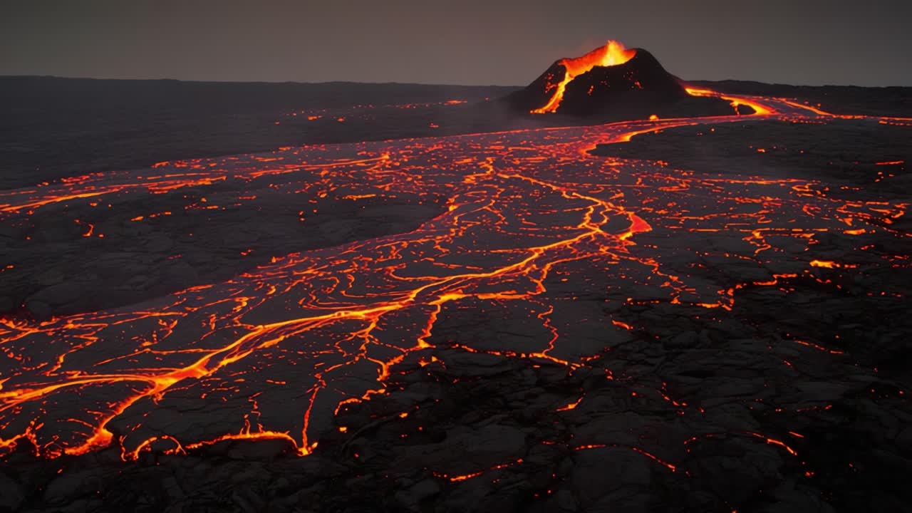 Una vista mozzafiato di un vulcano in eruzione che mostra lava fluente e nuvole di cenere, illustrando la potenza della natura in un paesaggio drammatico ricco di tonalità infuocate